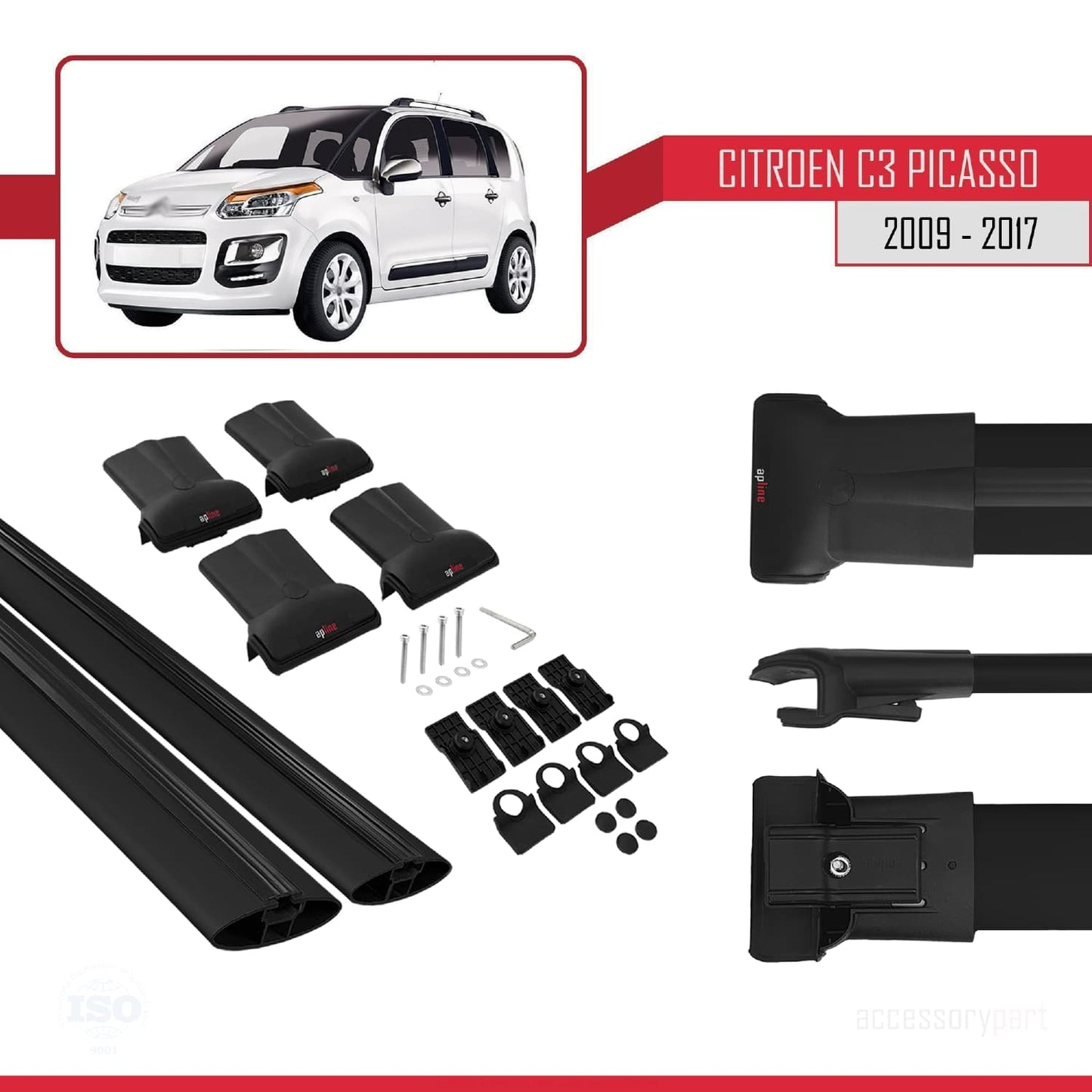 Compatible avec Citroen C3 Picasso 2009-2017 FLY Model Barres de Toit Railing Porte-Bagages de Voiture Noir Aluminium 2 Barres