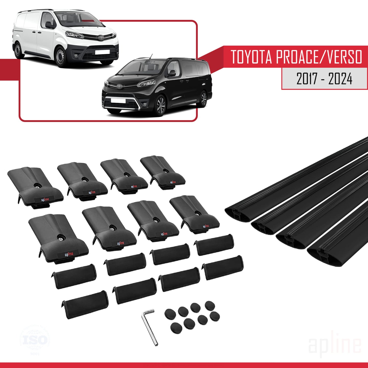 Compatible avec Toyota Proace 2017-2025 FLY Model Barres de Toit Railing Porte-Bagages de Voiture Noir Aluminium 4 Barres