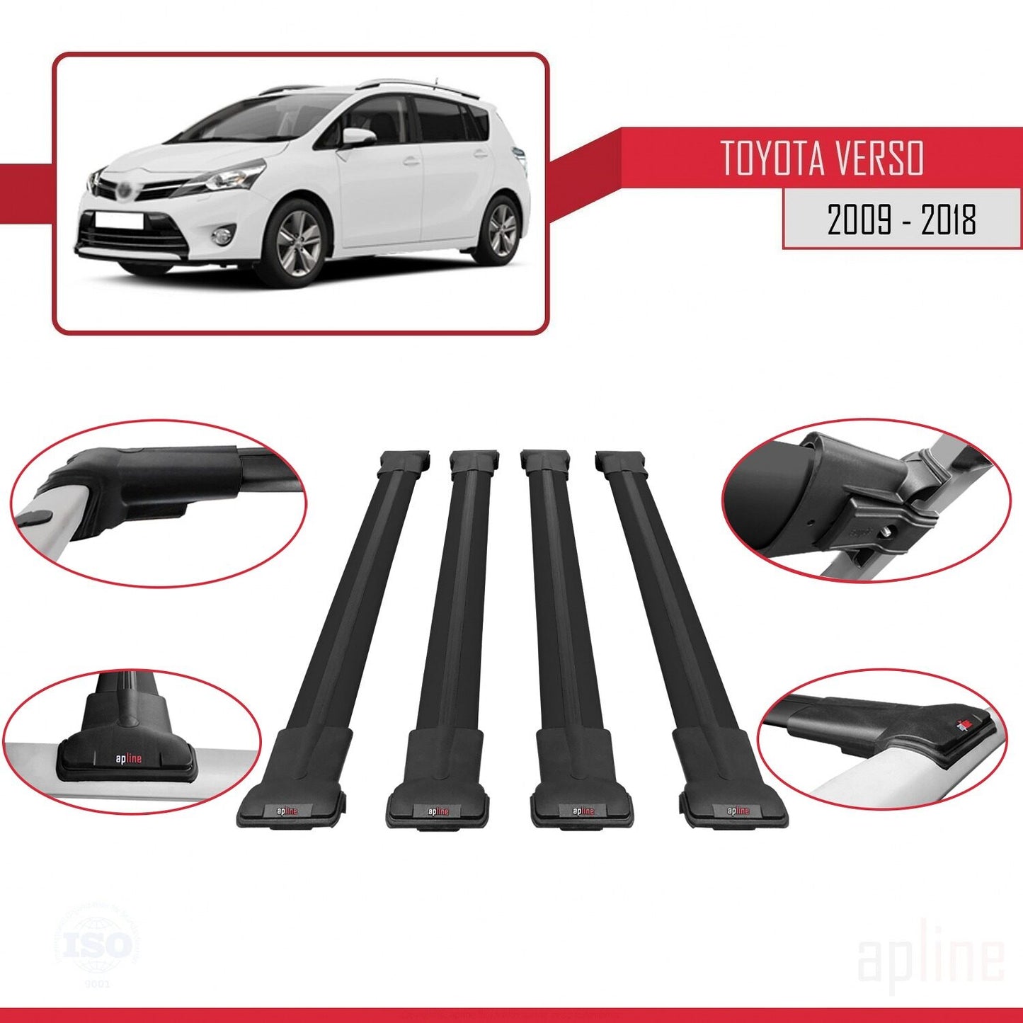 Compatible avec Toyota Verso (AR20) 2009-2018 FLY Model Barres de Toit Railing Porte-Bagages de Voiture Noir Aluminium 4 Barres