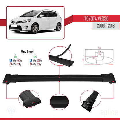 Compatible avec Toyota Verso (AR20) 2009-2018 FLY Model Barres de Toit Railing Porte-Bagages de Voiture Noir Aluminium 2 Barres