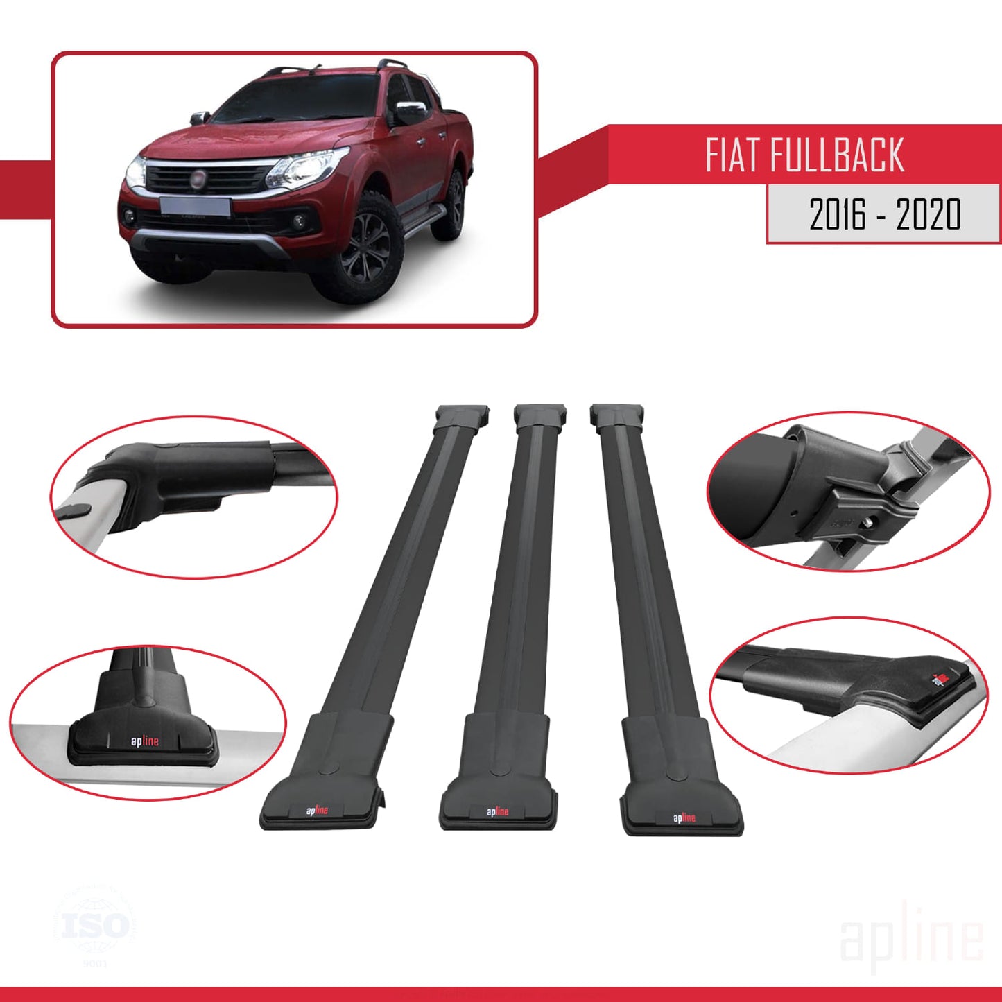 Compatible avec Fiat Fullback 2016-2020 FLY Model Barres de Toit Railing Porte-Bagages de Voiture Noir Aluminium 3 Barres