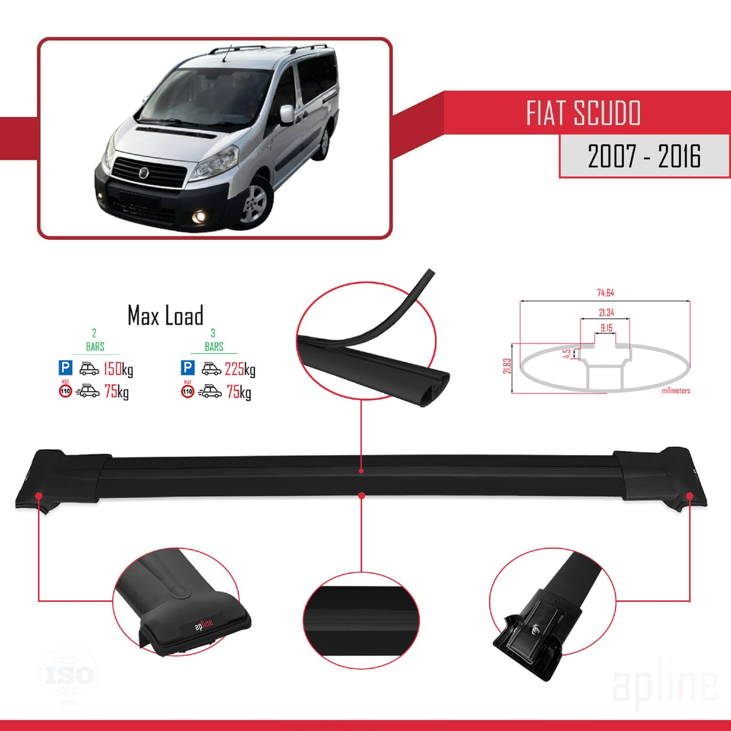 Compatible avec Fiat Scudo 2 2007-2016 FLY Model Barres de Toit Railing Porte-Bagages de Voiture Noir Aluminium 2 Barres