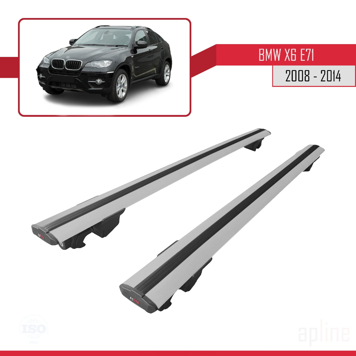 Compatible avec BMW X6 (E71) 2008-2014 HOOK Model Barres de Toit Railing Porte-Bagages de Voiture Gris Aluminium 2 Barres