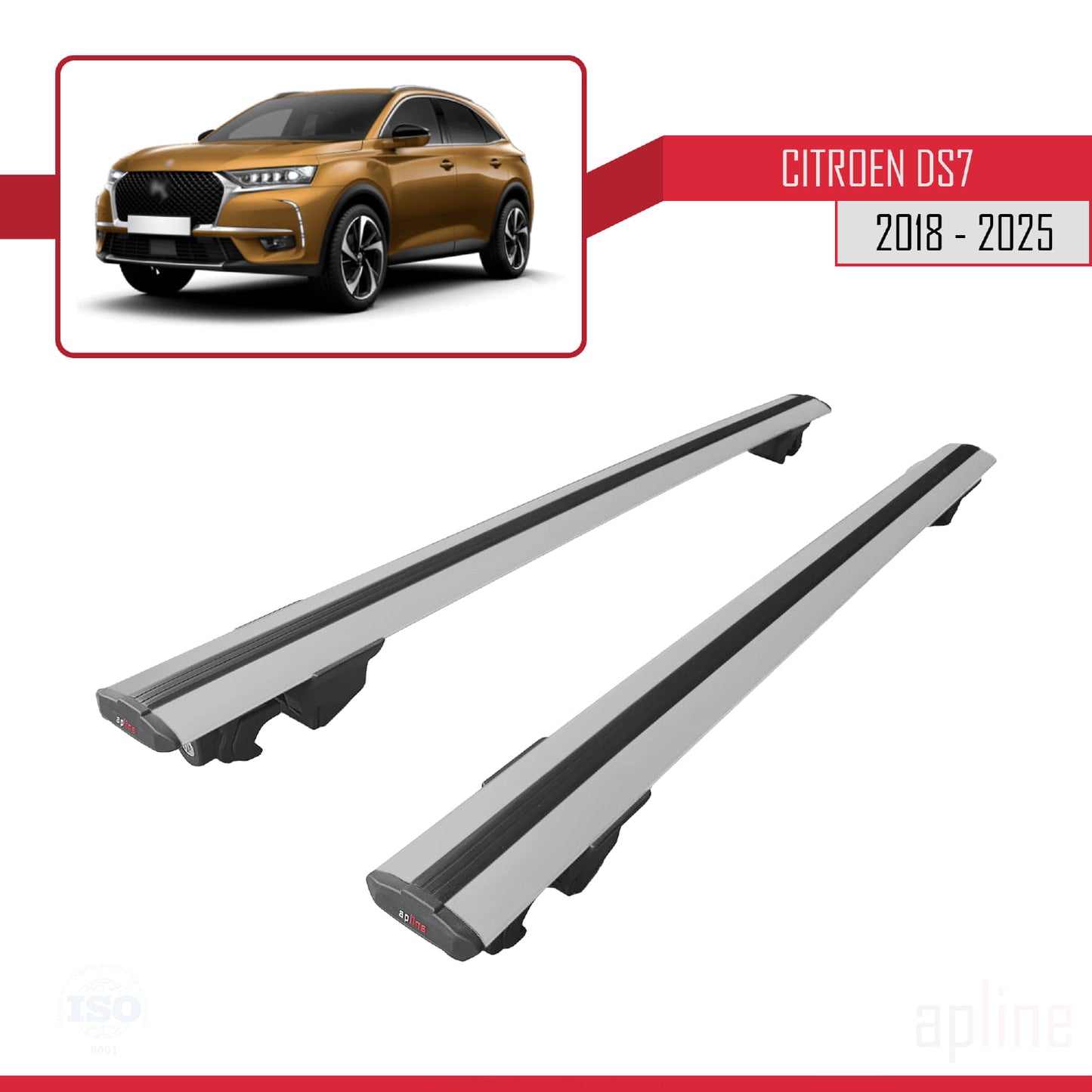 Compatible with Citroen/DS 7 Crossback 2018-2025 HOOK Model Car Roof Rack Cross Bar Grey Aluminium 2 Bars
