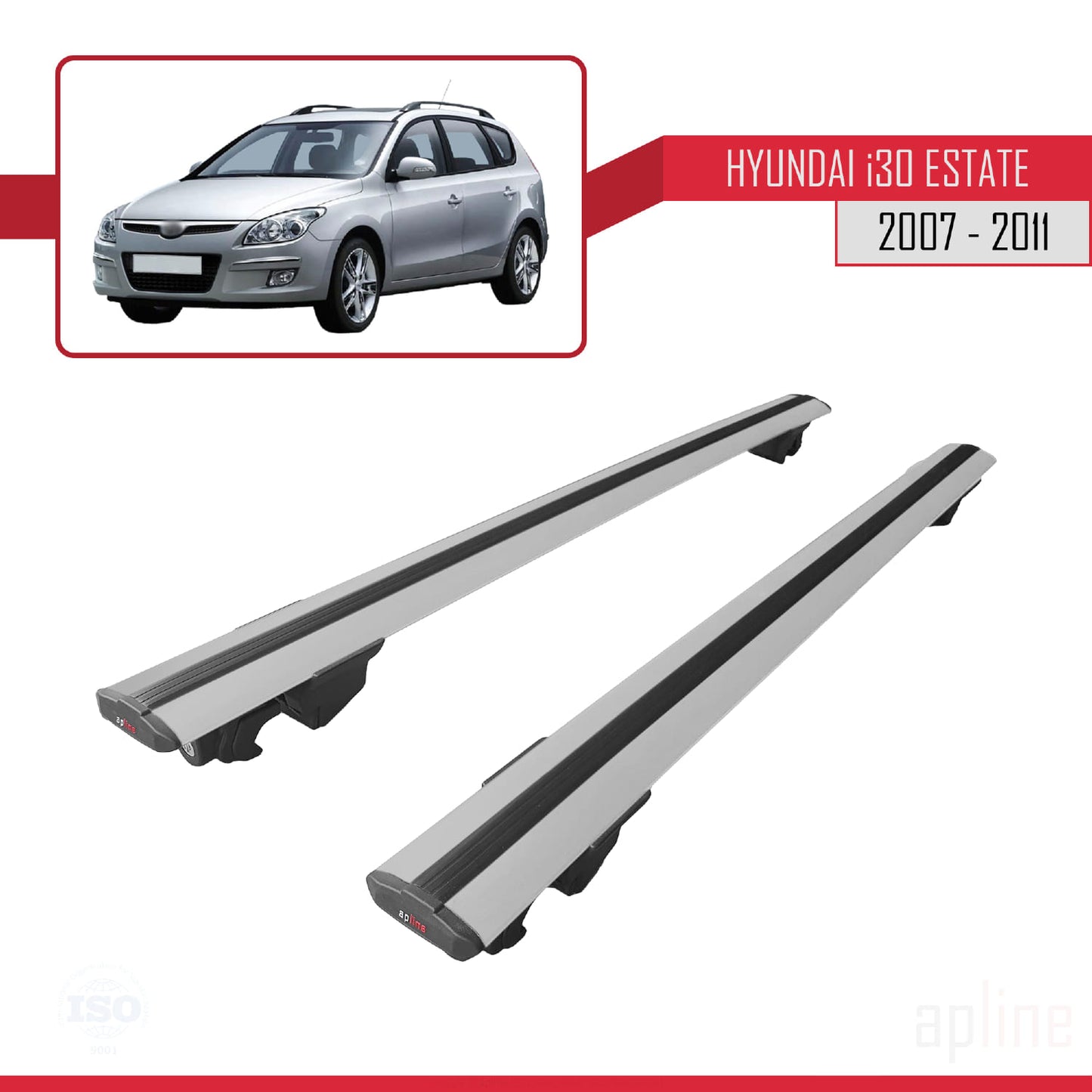 Compatible avec Hyundai i30 (FD) Break 2007-2011 HOOK Model Barres de Toit Railing Porte-Bagages de Voiture Gris Aluminium 2 Barres