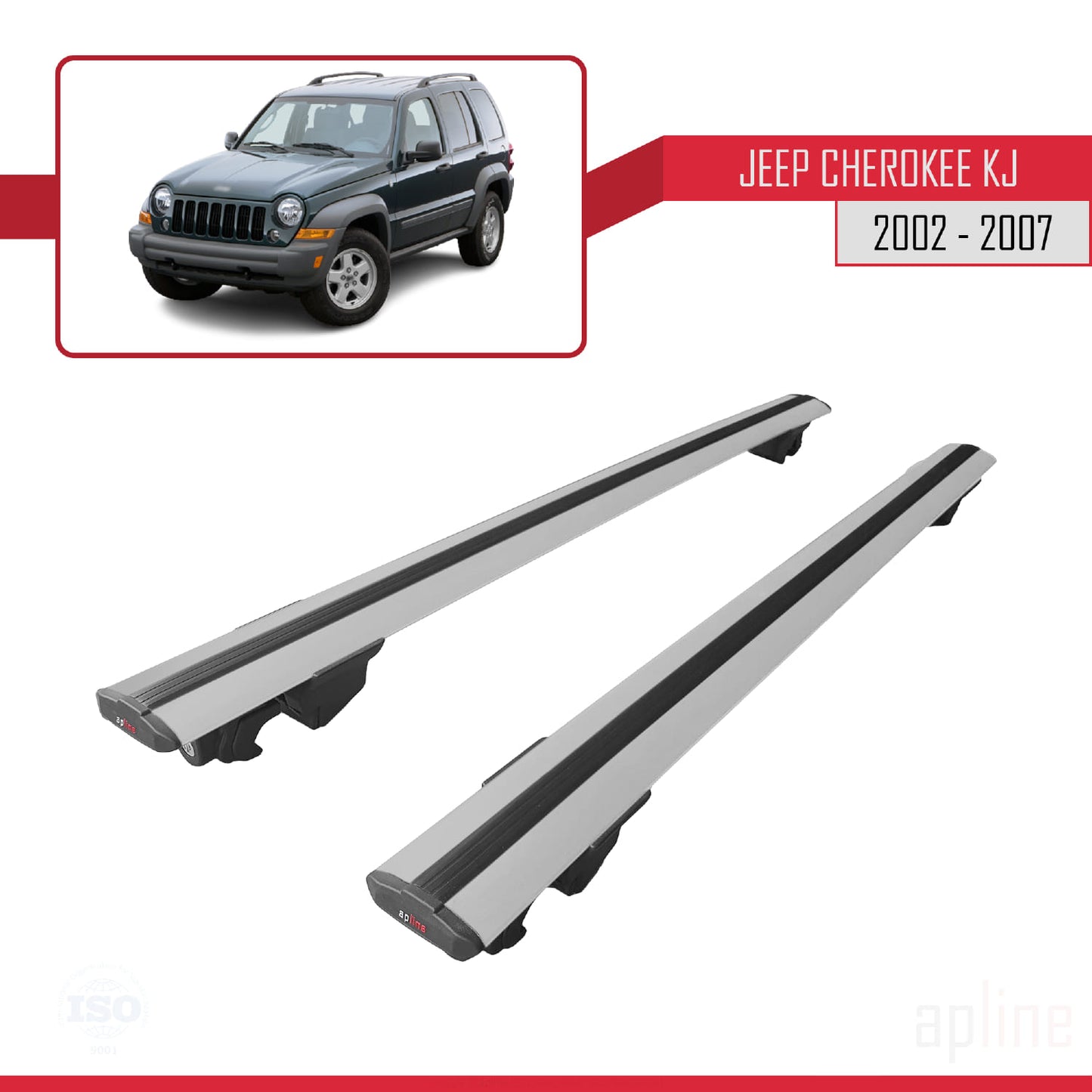 Compatible with Jeep Cherokee 3 (KJ) 2002-2007 HOOK Model Car Roof Rack Cross Bar Grey Aluminium 2 Bars