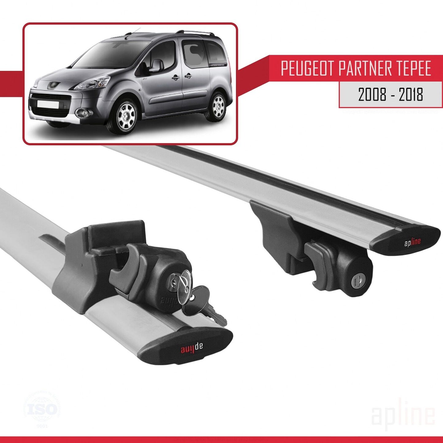 Compatible with Peugeot Partner 2 Tepee 2008-2018 HOOK Model Car Roof Rack Cross Bar Grey Aluminium 2 Bars