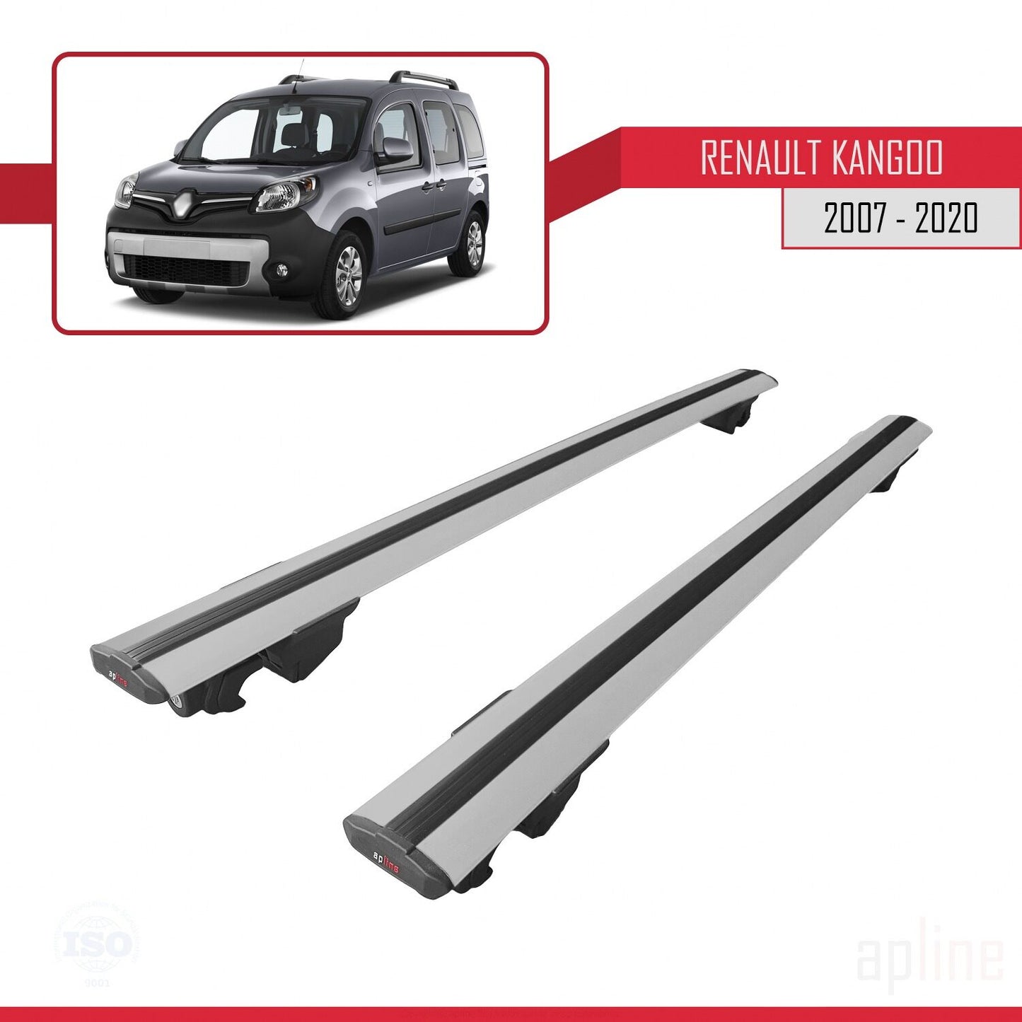 Compatible avec Renault Kangoo 2 (X61) 2007-2020 HOOK Model Barres de Toit Railing Porte-Bagages de Voiture Gris Aluminium 2 Barres