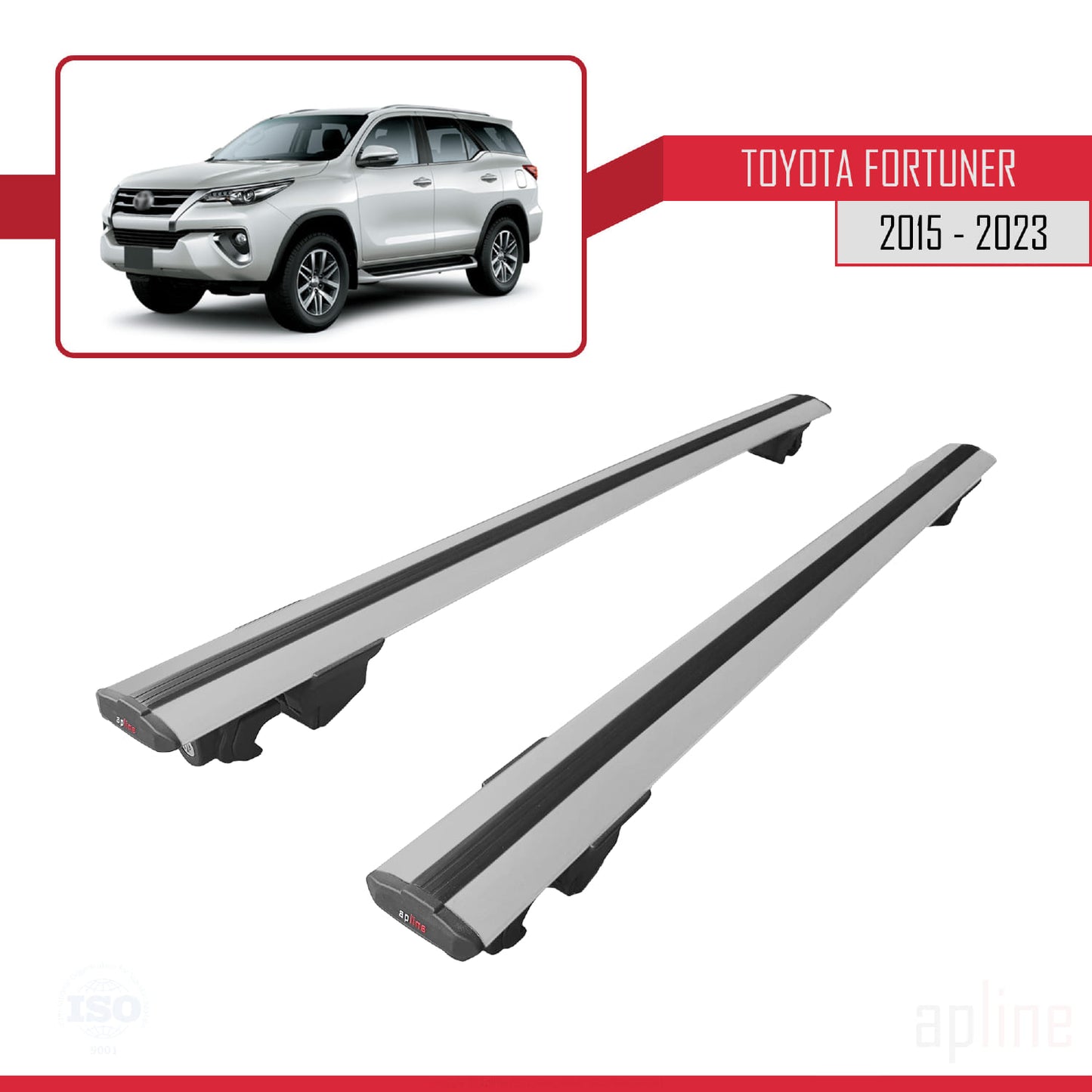 Compatible avec Toyota Fortuner (AN160) 2015-2023 HOOK Model Barres de Toit Railing Porte-Bagages de Voiture Gris Aluminium 2 Barres