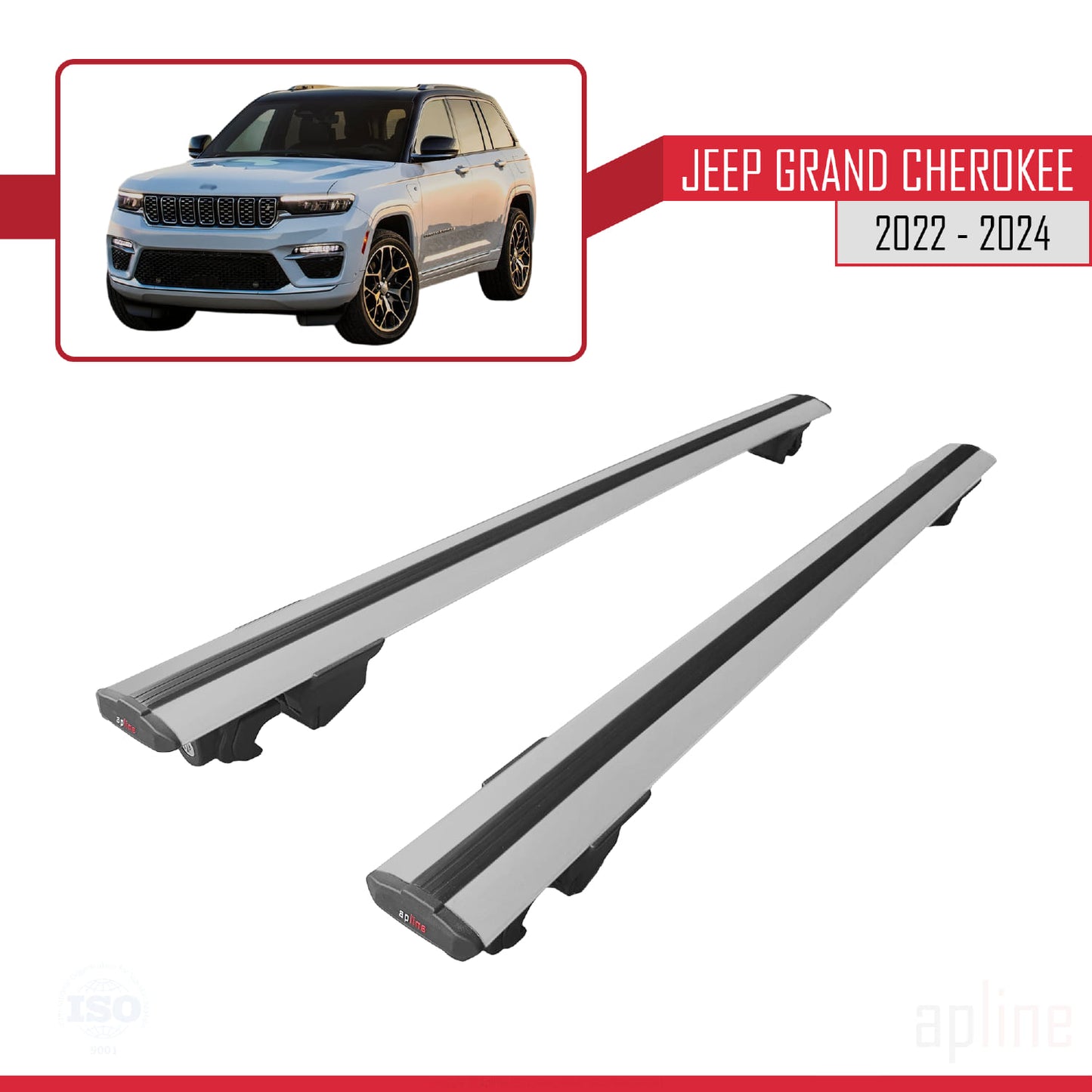 Compatible avec Jeep Grand Cherokee 2022-2024 HOOK Model Barres de Toit Railing Porte-Bagages de Voiture Gris Aluminium 2 Barres