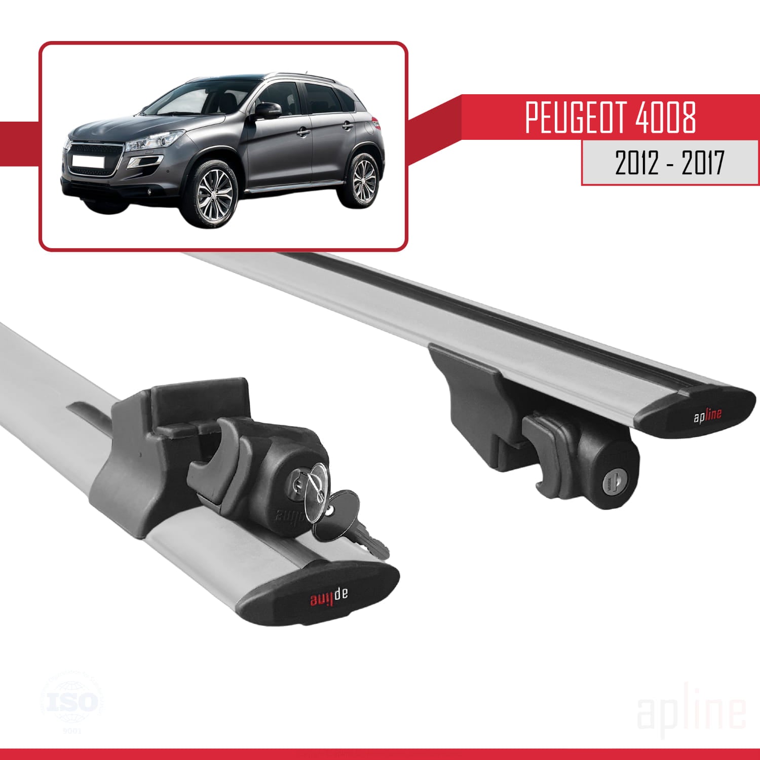 Compatible avec Peugeot 4008 2012-2017 HOOK Model Barres de Toit Railing Porte-Bagages de Voiture Gris Aluminium 2 Barres