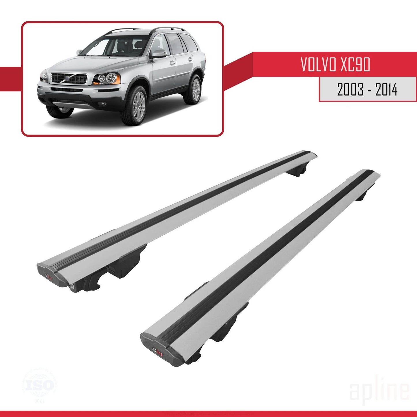 Compatible avec Volvo XC90 2003-2014 HOOK Model Barres de Toit Railing Porte-Bagages de Voiture Gris Aluminium 2 Barres