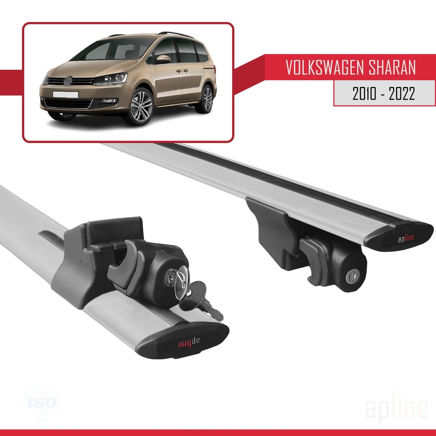 Compatible avec Volkswagen Sharan 2 (7N) 2010-2022 HOOK Model Barres de Toit Railing Porte-Bagages de Voiture Gris Aluminium 2 Barres