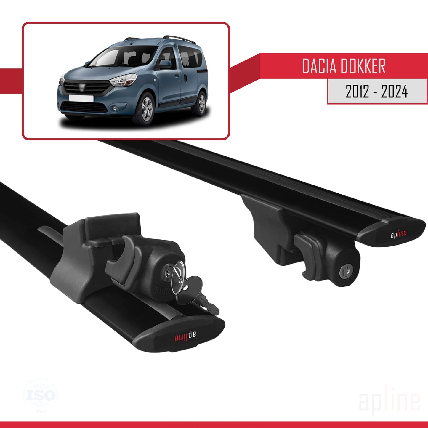 Compatible with Dacia Dokker (K67) 2012-2024 HOOK Model Car Roof Rack Cross Bar Black Aluminium 2 Bars