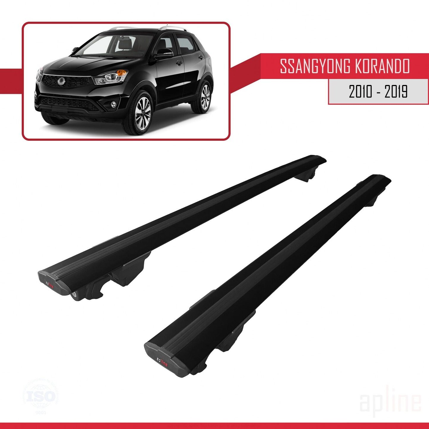 Compatible avec Ssangyong Korando 3 (C200) 2010-2019 HOOK Model Barres de Toit Railing Porte-Bagages de Voiture Noir Aluminium 2 Barres