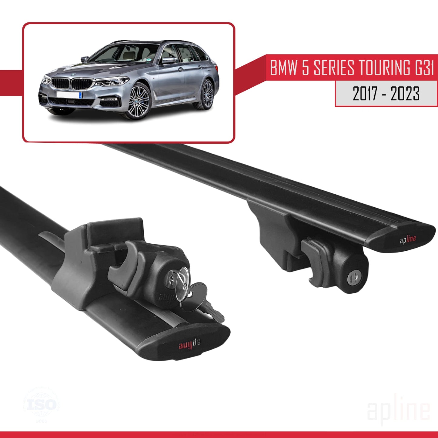 Compatible avec BMW Série 5 (G31) Touring 2017-2023 HOOK Model Barres de Toit Railing Porte-Bagages de Voiture Noir Aluminium 2 Barres