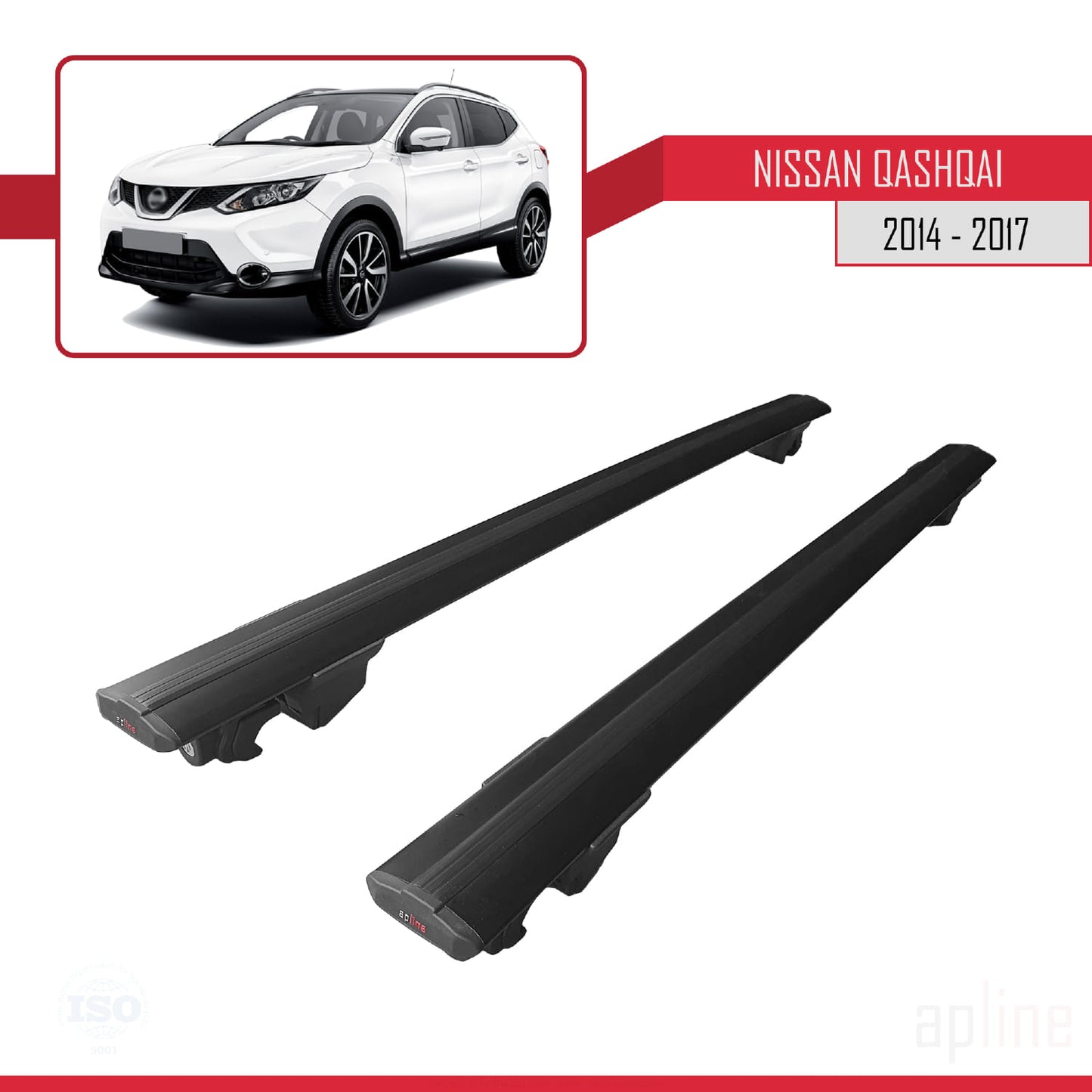 Compatible avec Nissan Qashqai 2 (J11) Pre-Facelift 2014-2017 HOOK Model Barres de Toit Railing Porte-Bagages de Voiture Noir Aluminium 2 Barres