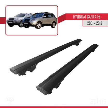 Compatible avec Hyundai Santa Fe (SM/CM) 2001-2012 HOOK Model Barres de Toit Railing Porte-Bagages de Voiture Noir Aluminium 2 Barres