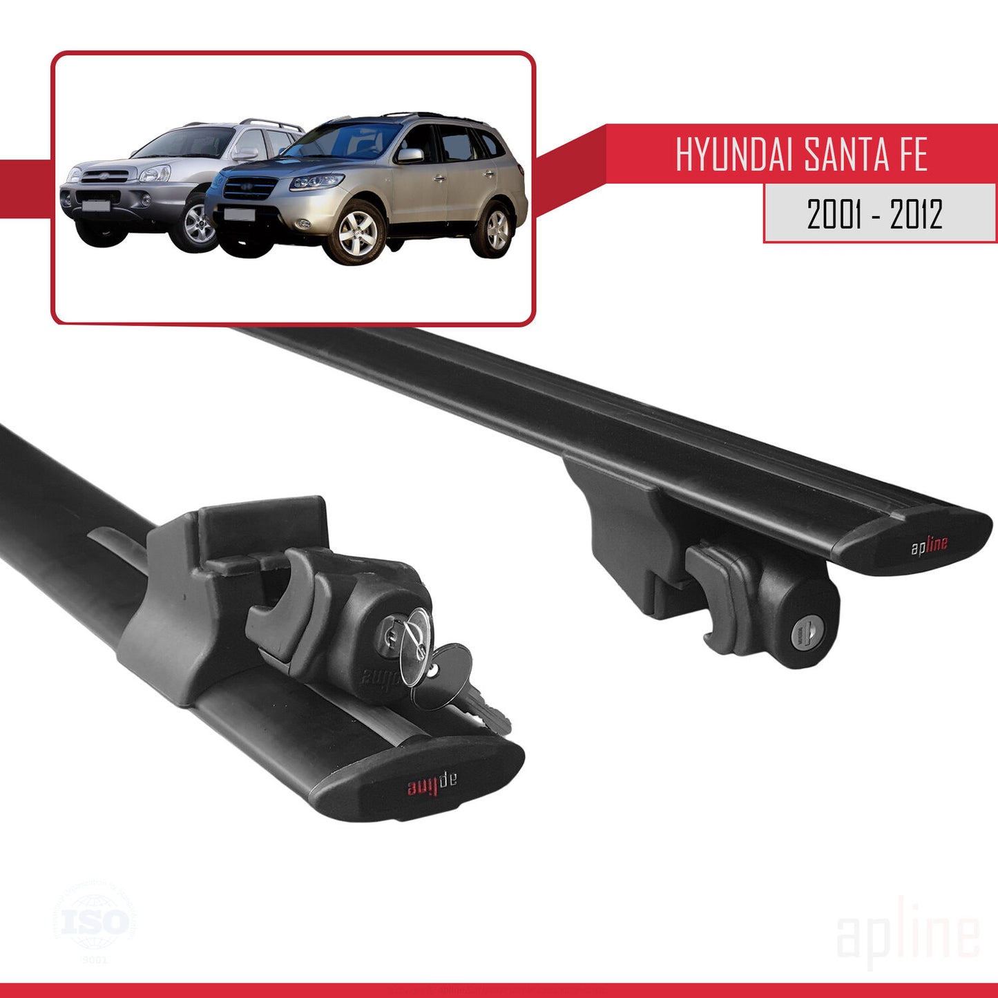 Compatible avec Hyundai Santa Fe (SM/CM) 2001-2012 HOOK Model Barres de Toit Railing Porte-Bagages de Voiture Noir Aluminium 2 Barres