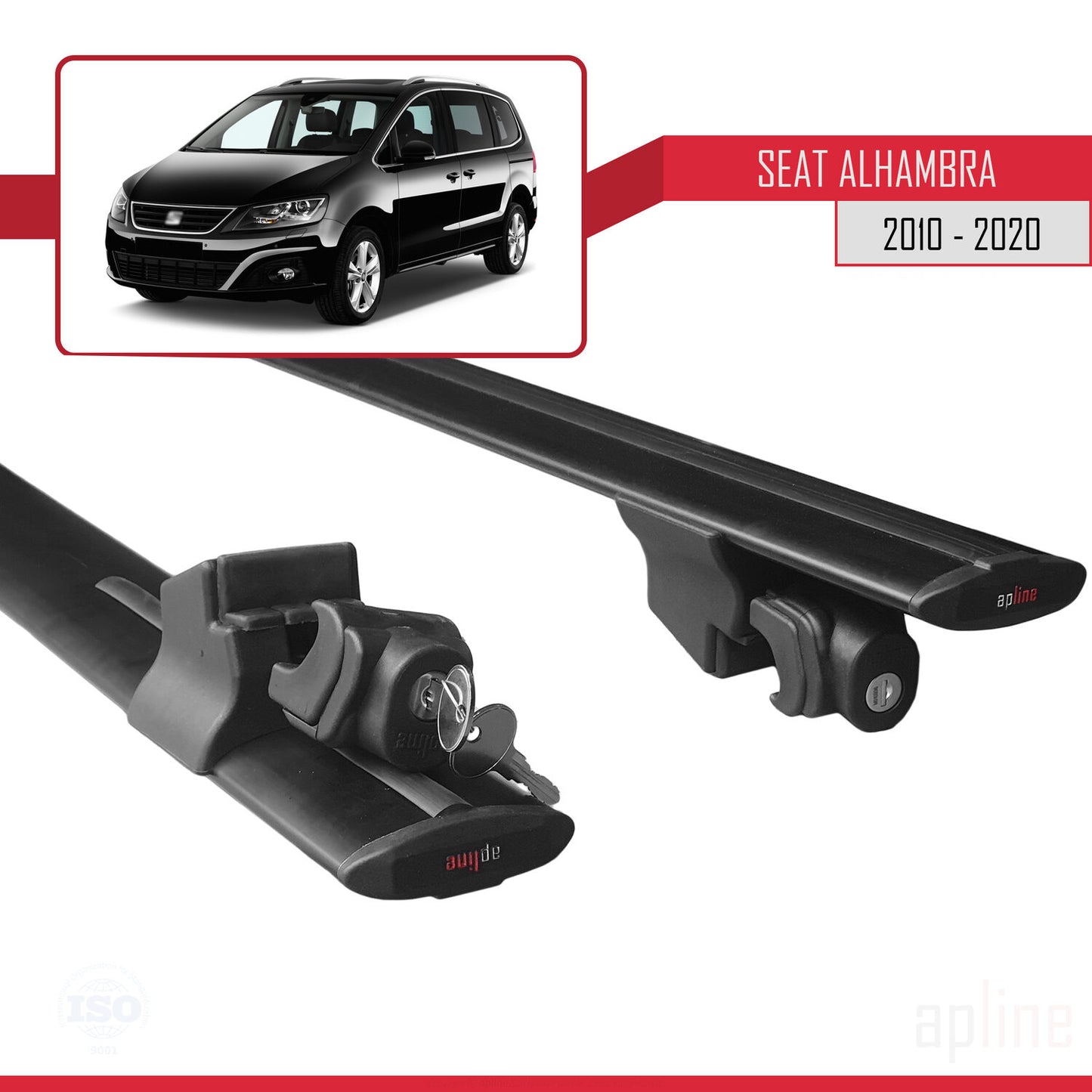 Compatible avec Seat Alhambra 2 (7N) 2010-2020 HOOK Model Barres de Toit Railing Porte-Bagages de Voiture Noir Aluminium 2 Barres