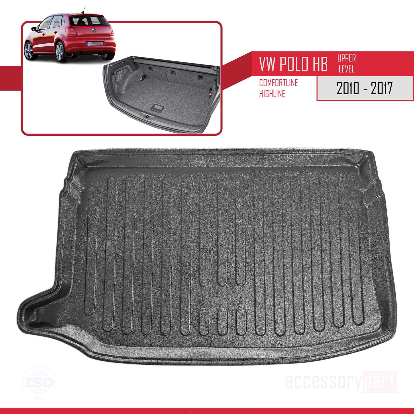 Compatible avec Volkswagen Polo 5 (Cline-Hline) 2010-2017 Flexible Tapis de Coffre Plancher de Chargement Supérieur Noir