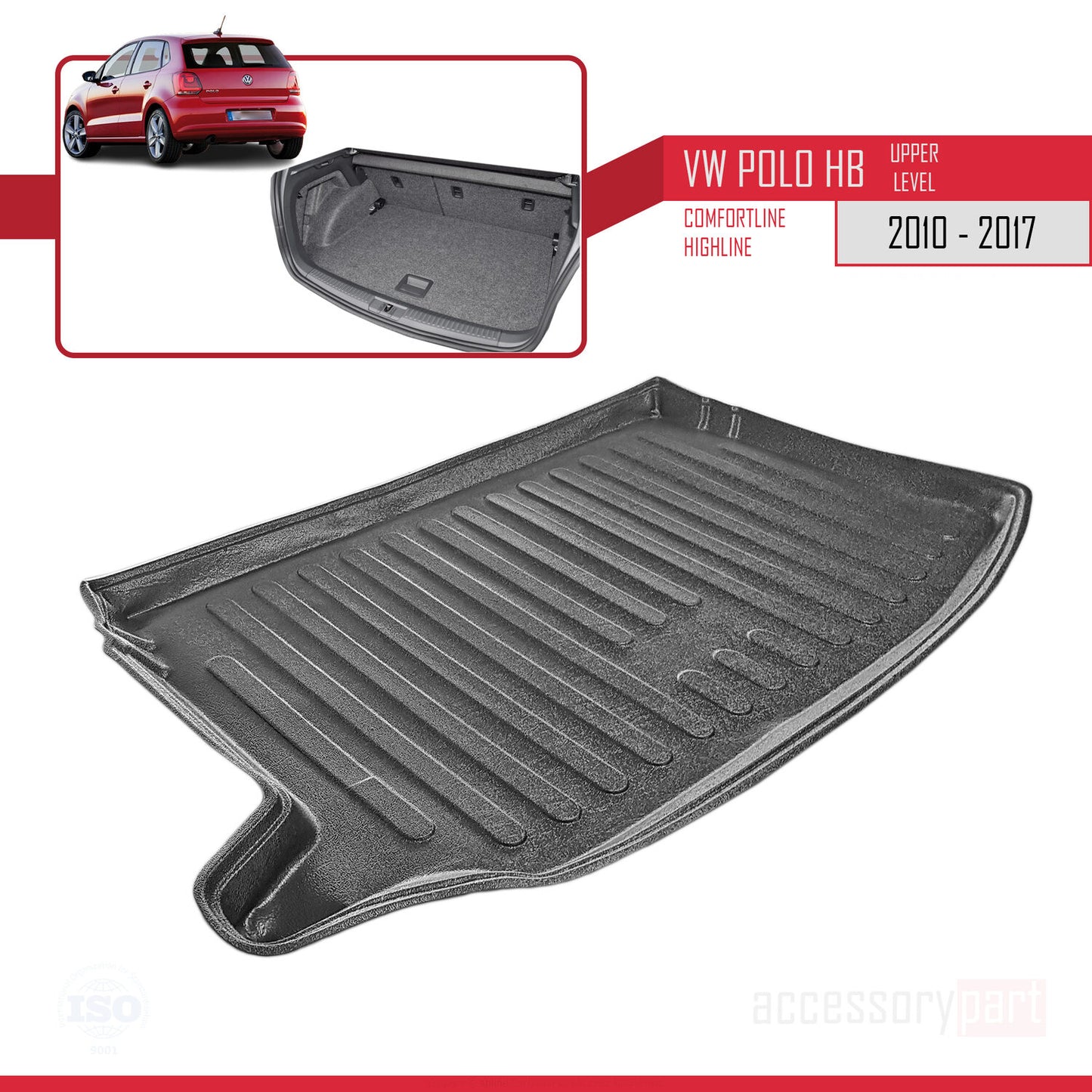 Compatible avec Volkswagen Polo 5 (Cline-Hline) 2010-2017 Flexible Tapis de Coffre Plancher de Chargement Supérieur Noir