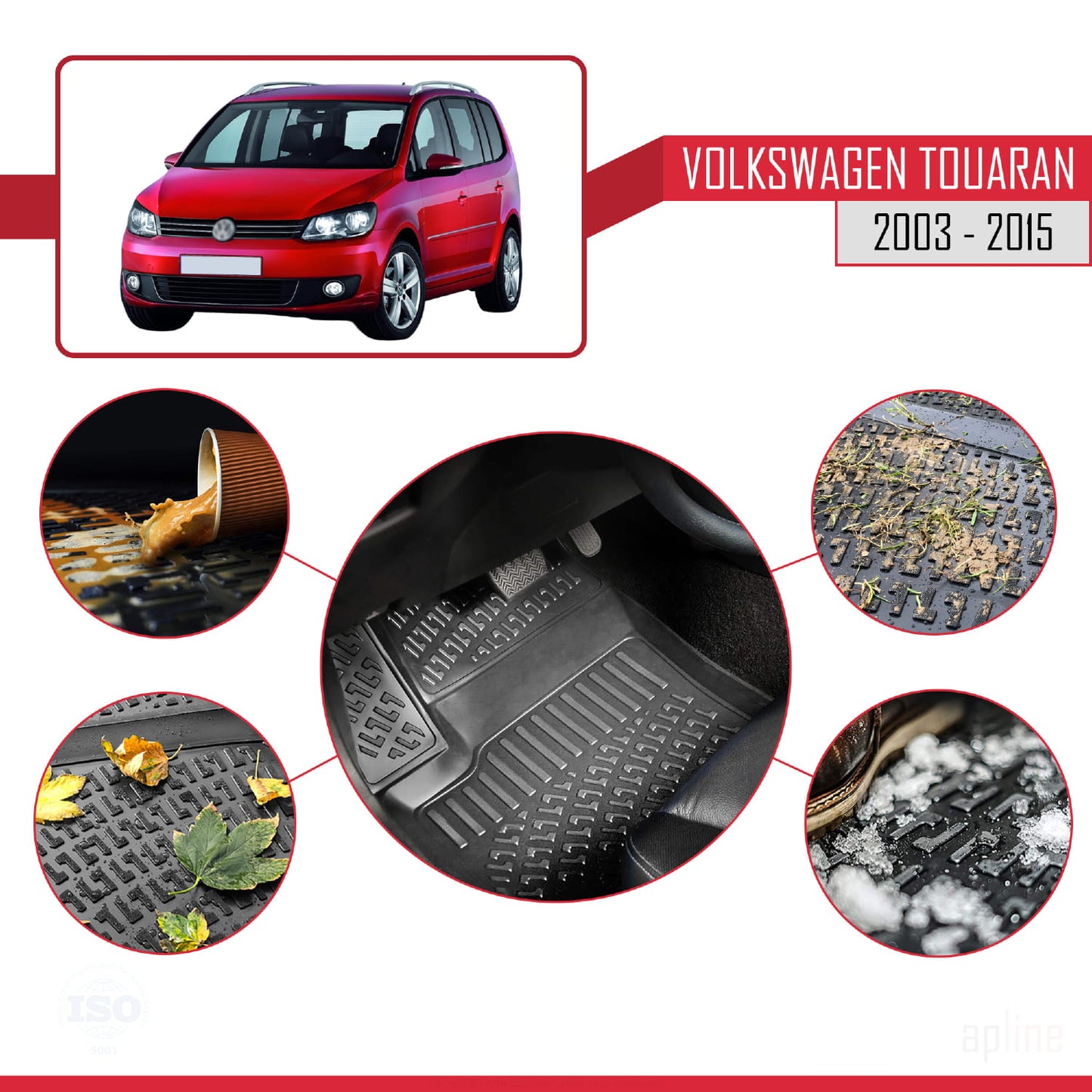 Compatible avec Volkswagen Touran (1T) 2003-2015 4D Tapis de Voiture Noir