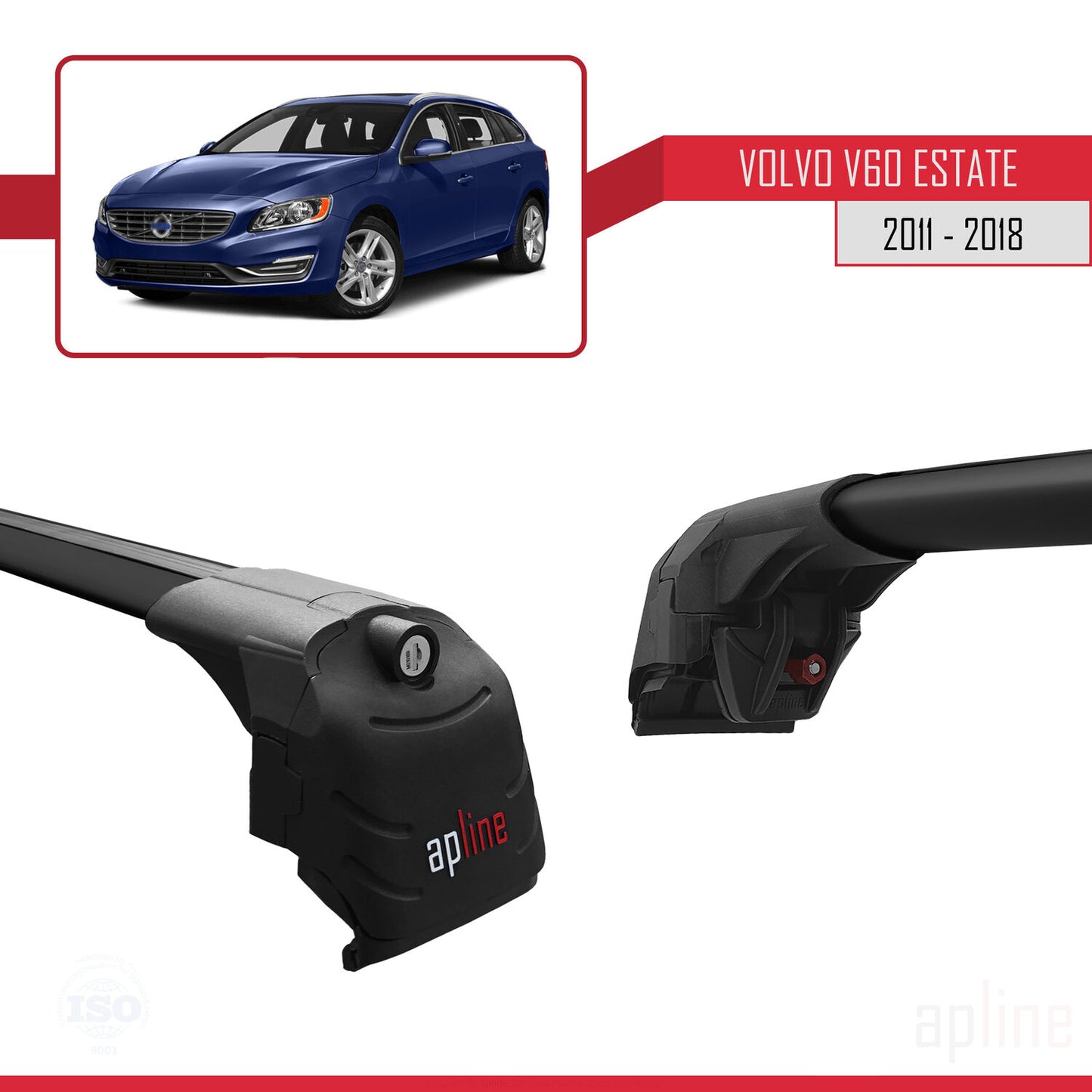 Compatible avec Volvo V60 2011-2018 ACE-2 Barres de Toit Railing Porte-Bagages de Voiture Noir Aluminium 2 Barres