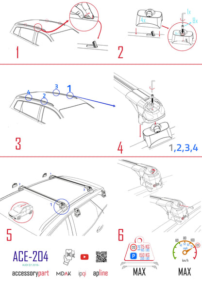 Compatible with Q7 (4M) 2016-2025 ACE-2 Car Roof Rack Cross Bar Black Aluminium 2 Bars