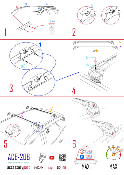 Compatible avec Jeep Compass (MP552) 2017-2025 ACE-2 modèle Barres de Toit Railing Porte-Bagages de Voiture Noir Aluminium Barres