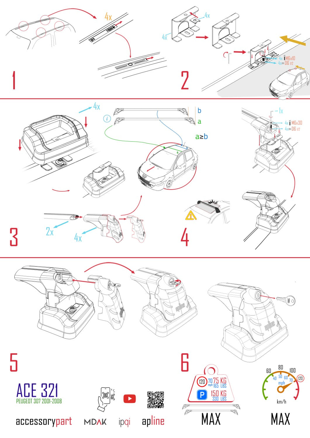 Compatible avec Peugeot 307 2001-2008 ACE-3 Barres de Toit Railing Porte-Bagages de Voiture Noir Aluminium 2 Barres