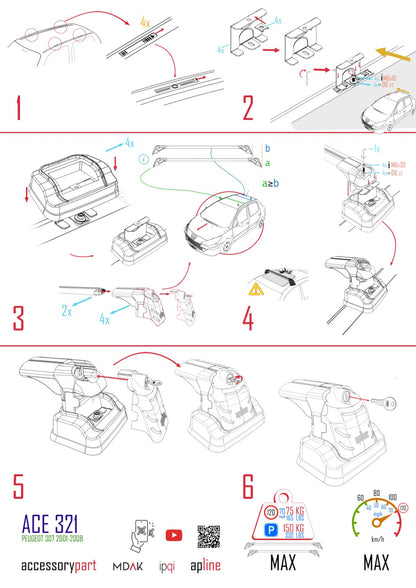 Compatible avec Peugeot 307 2001-2008 ACE-3 Barres de Toit Railing Porte-Bagages de Voiture Noir Aluminium 2 Barres
