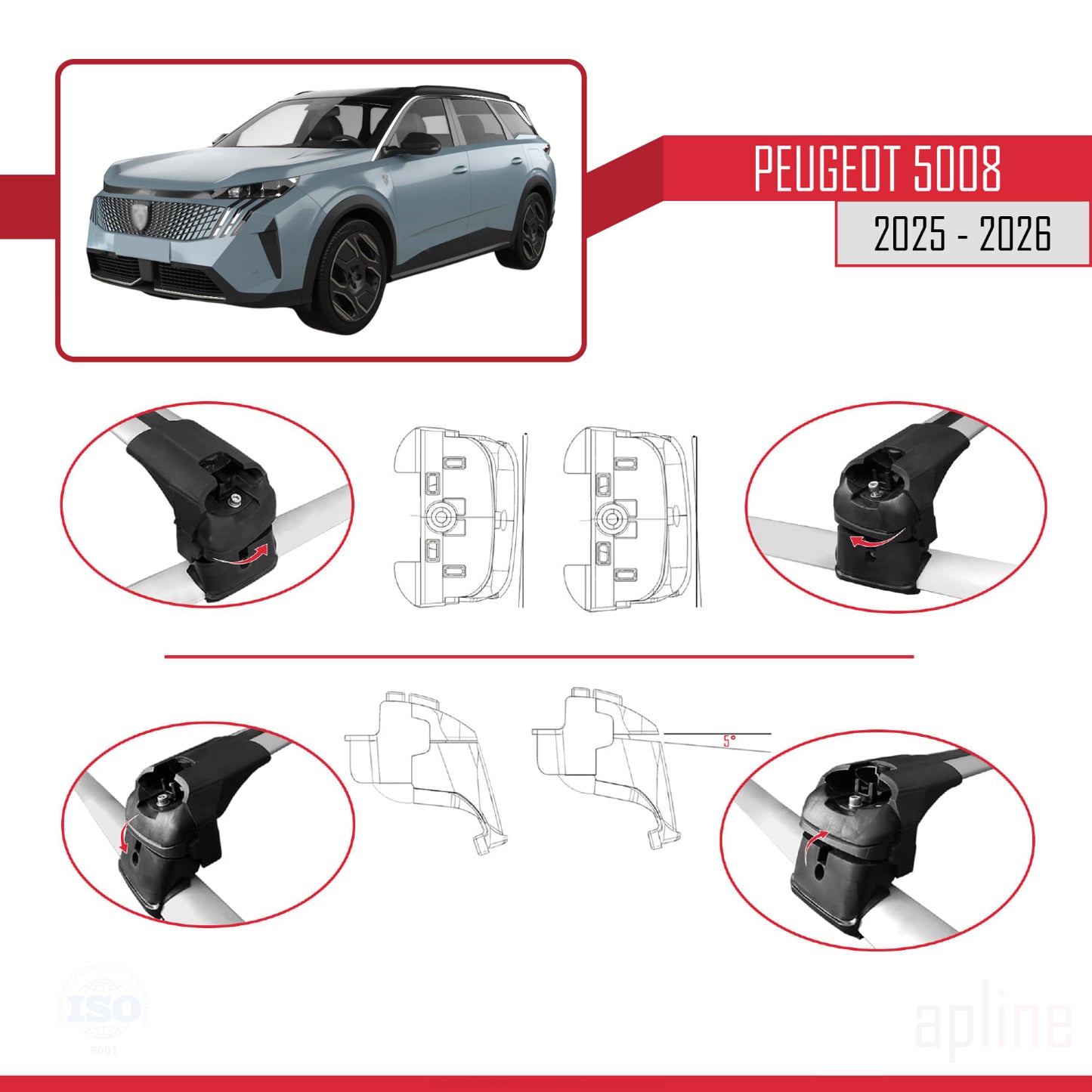 Compatible avec Peugeot 5008 2025-2026 ACE-2 Barres de Toit Railing Porte-Bagages de Voiture Gris Aluminium 2 Barres