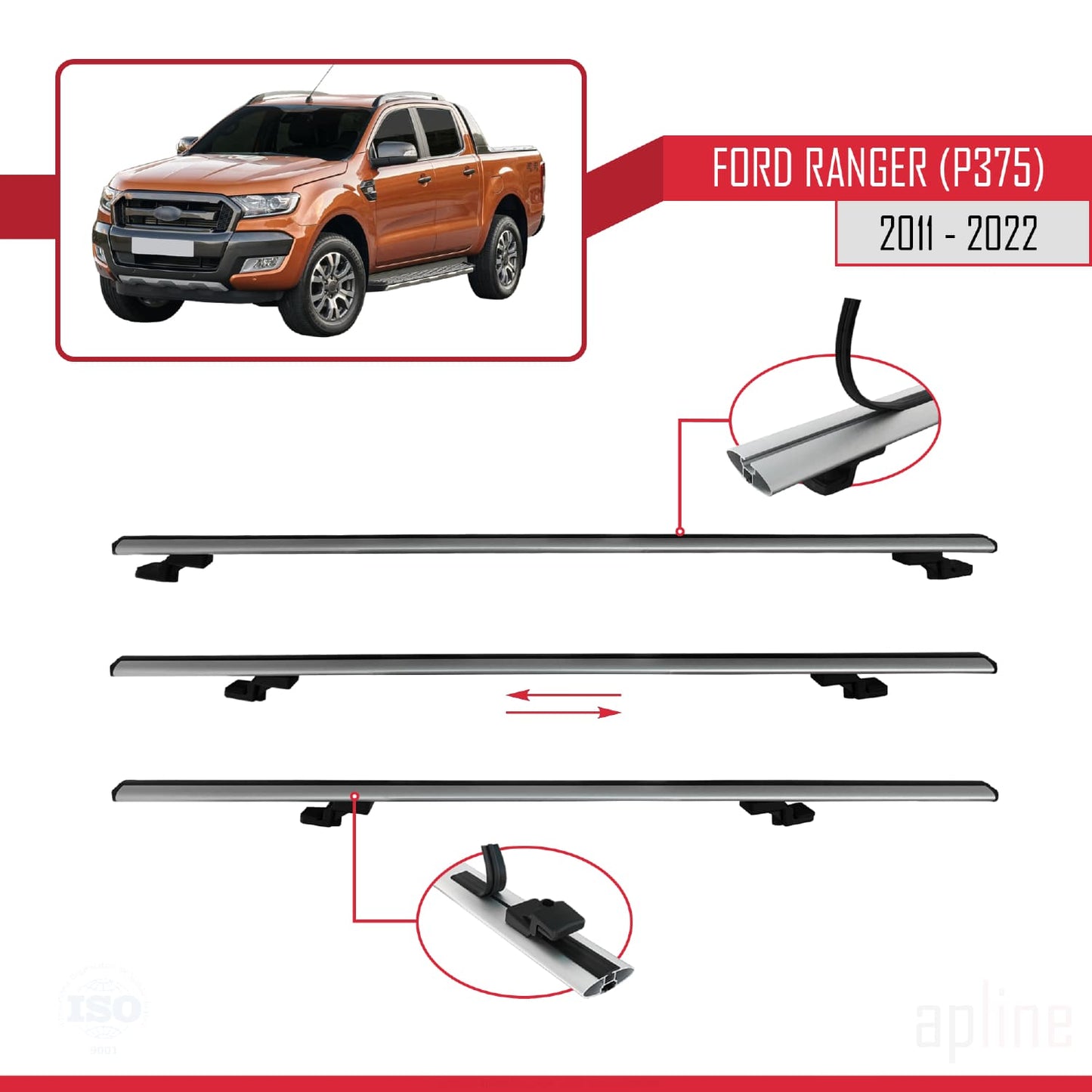 Compatible avec Ford Ranger (P375) 2011-2022 BASIC Model Barres de Toit Railing Porte-Bagages de Voiture Gris Aluminium 3 Barres