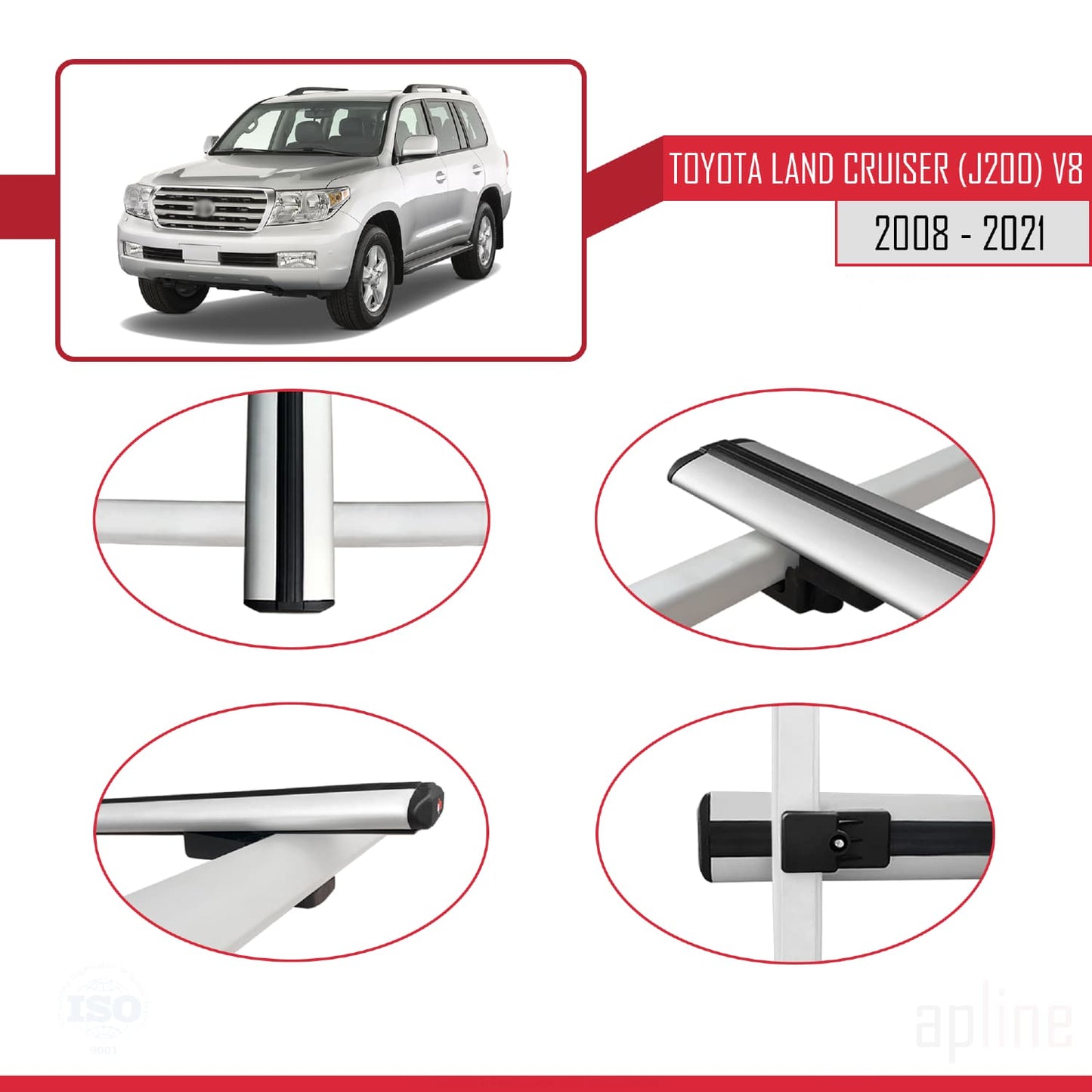 Compatible avec Toyota Land Cruiser V8 (J200) 2008-2021 BASIC Model Barres de Toit Railing Porte-Bagages de Voiture Gris Aluminium 2 Barres