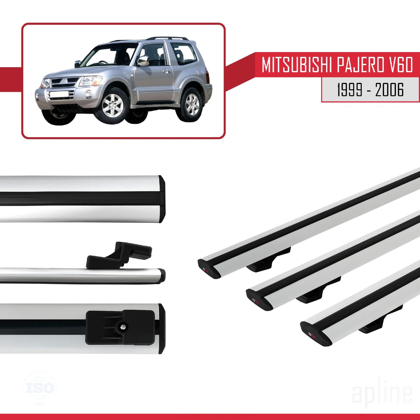 Compatible with Mitsubishi Pajero (V60) 3 Door 1999-2006 BASIC Model Car Roof Rack Cross Bar Grey Aluminium 3 Bars