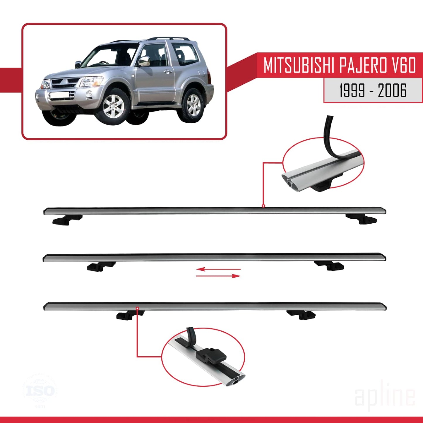 Compatible with Mitsubishi Pajero (V60) 3 Door 1999-2006 BASIC Model Car Roof Rack Cross Bar Grey Aluminium 3 Bars