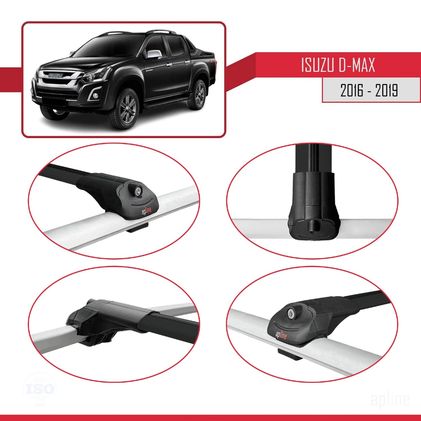 Compatible avec Isuzu D-Max 2 (RT85) Post-Facelift 2016-2019 ACE-1 Barres de Toit Railing Porte-Bagages de Voiture Noir Aluminium 3 Barres