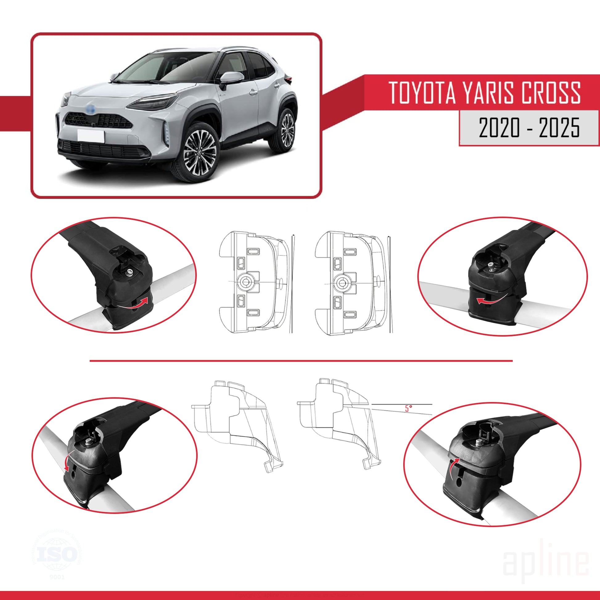 Compatible avec Toyota Yaris Cross 2020-2025 ACE-2 Barres de Toit Railing Porte-Bagages de Voiture Noir Aluminium 2 Barres