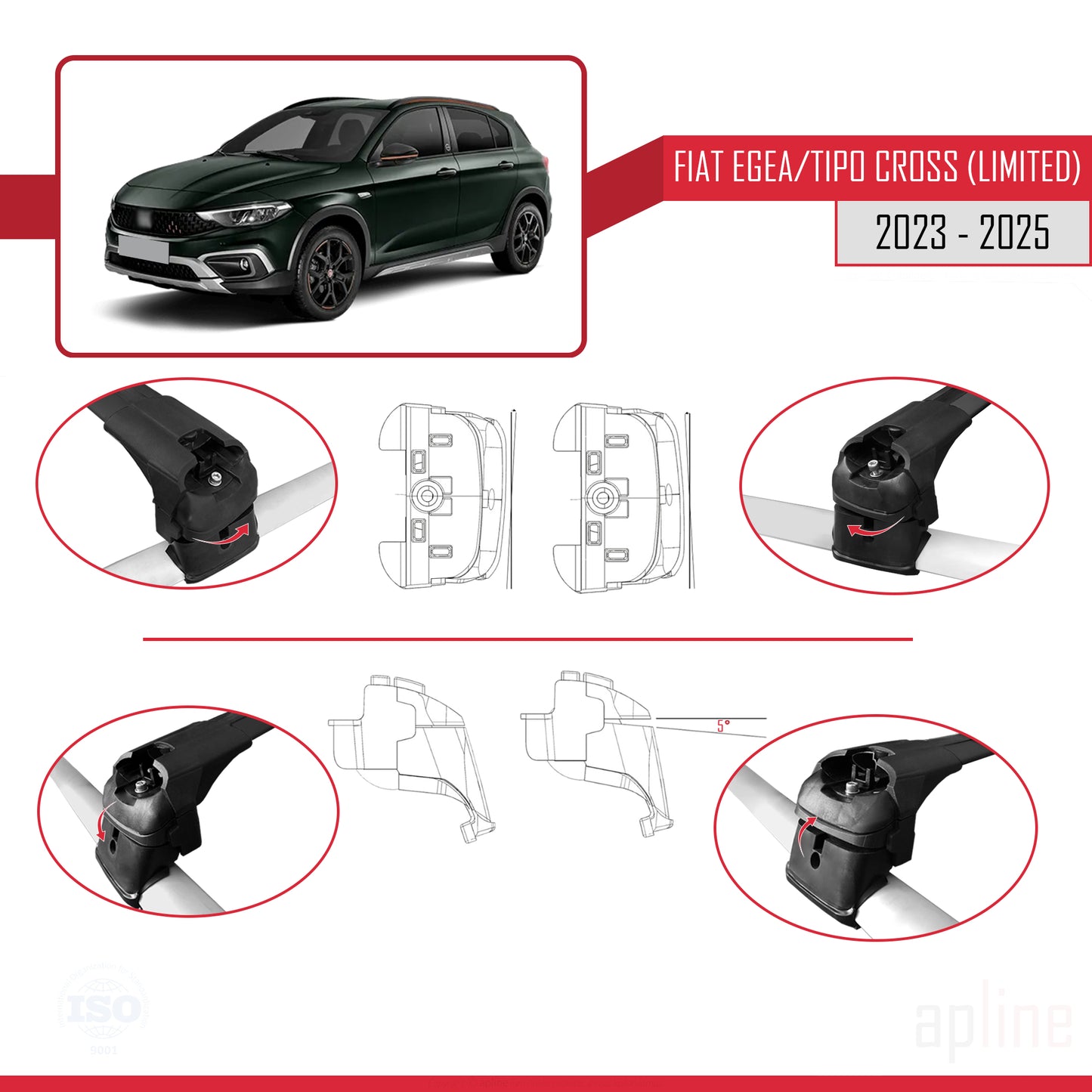 Compatible avec Fiat Egea / Tipo Cross (LIMITED) 2023-2025 ACE-2 Barres de Toit Railing Porte-Bagages de Voiture Noir Aluminium 2 Barres