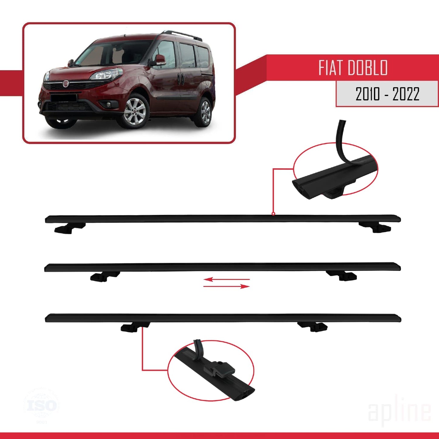 Compatible avec Fiat Doblo 2 2010-2022 BASIC Model Barres de Toit Railing Porte-Bagages de Voiture Noir Aluminium 3 Barres