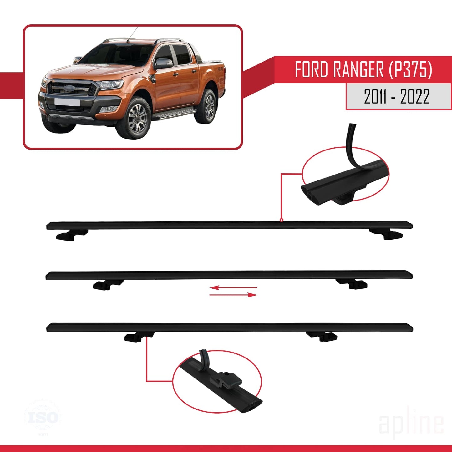 Compatible avec Ford Ranger (P375) 2011-2022 BASIC Model Barres de Toit Railing Porte-Bagages de Voiture Noir Aluminium 2 Barres