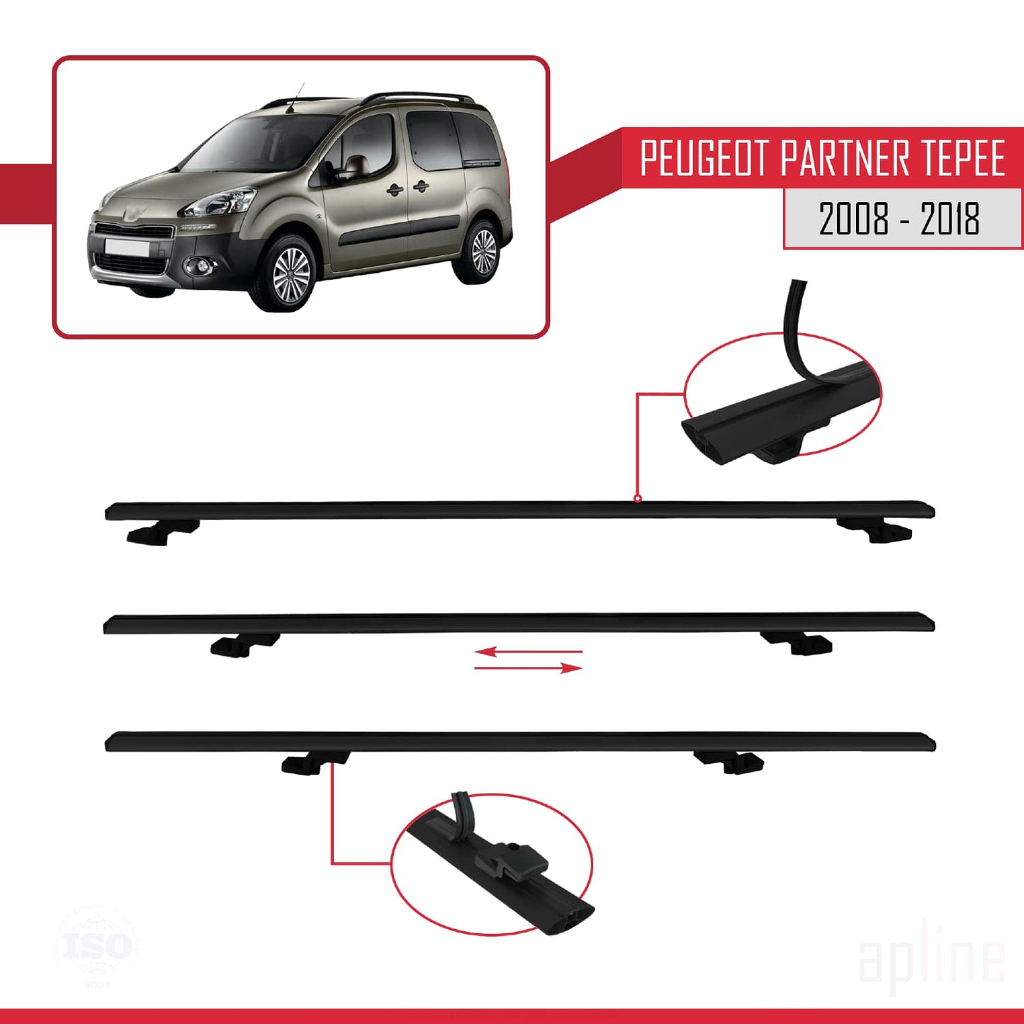 Compatible avec Peugeot Partner 2 Tepee 2008-2018 BASIC Model Barres de Toit Railing Porte-Bagages de Voiture Noir Aluminium 4 Barres