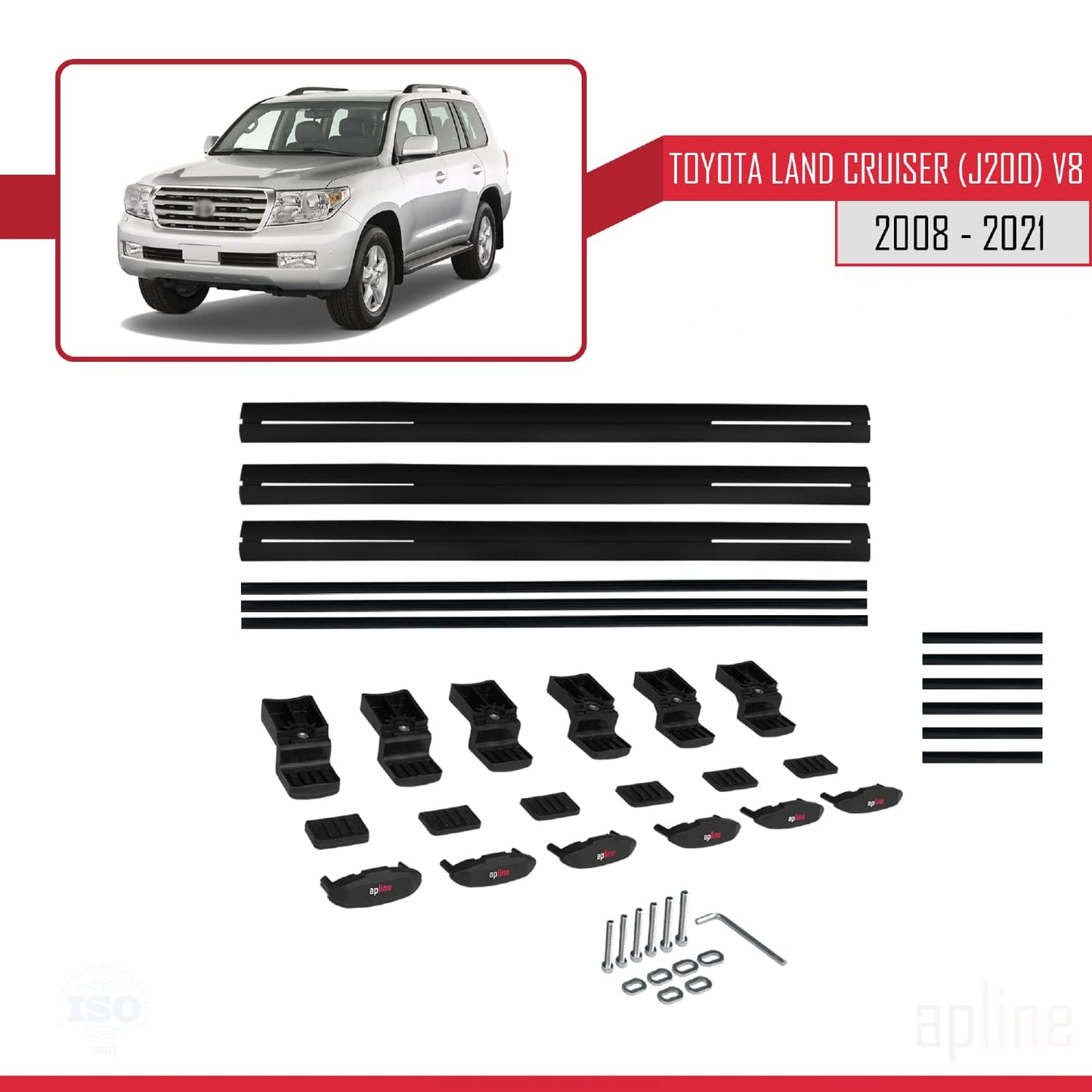 Compatible avec Toyota Land Cruiser V8 (J200) 2008-2021 BASIC Model Barres de Toit Railing Porte-Bagages de Voiture Noir Aluminium 3 Barres