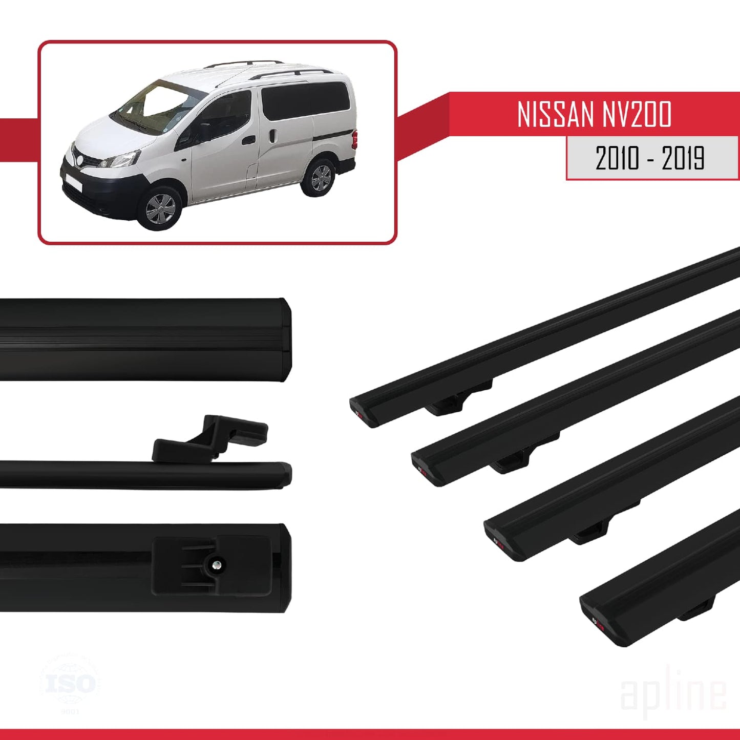 Compatible with Nissan NV200 (M20) 2010-2019 Siyah BASIC Model Car Roof Rack Cross Bar Black Aluminium 4 Bars