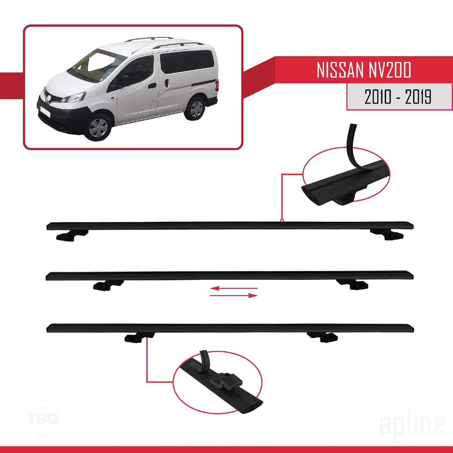 Compatible with Nissan NV200 (M20) 2010-2019 Siyah BASIC Model Car Roof Rack Cross Bar Black Aluminium 4 Bars