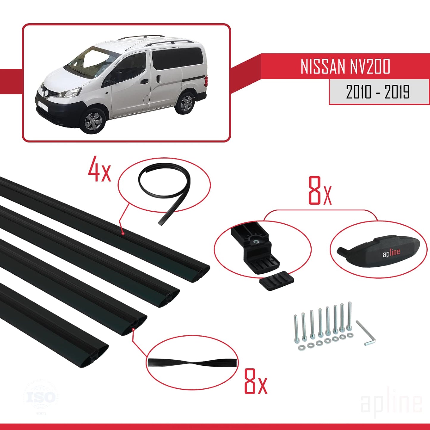 Compatible with Nissan NV200 (M20) 2010-2019 Siyah BASIC Model Car Roof Rack Cross Bar Black Aluminium 4 Bars