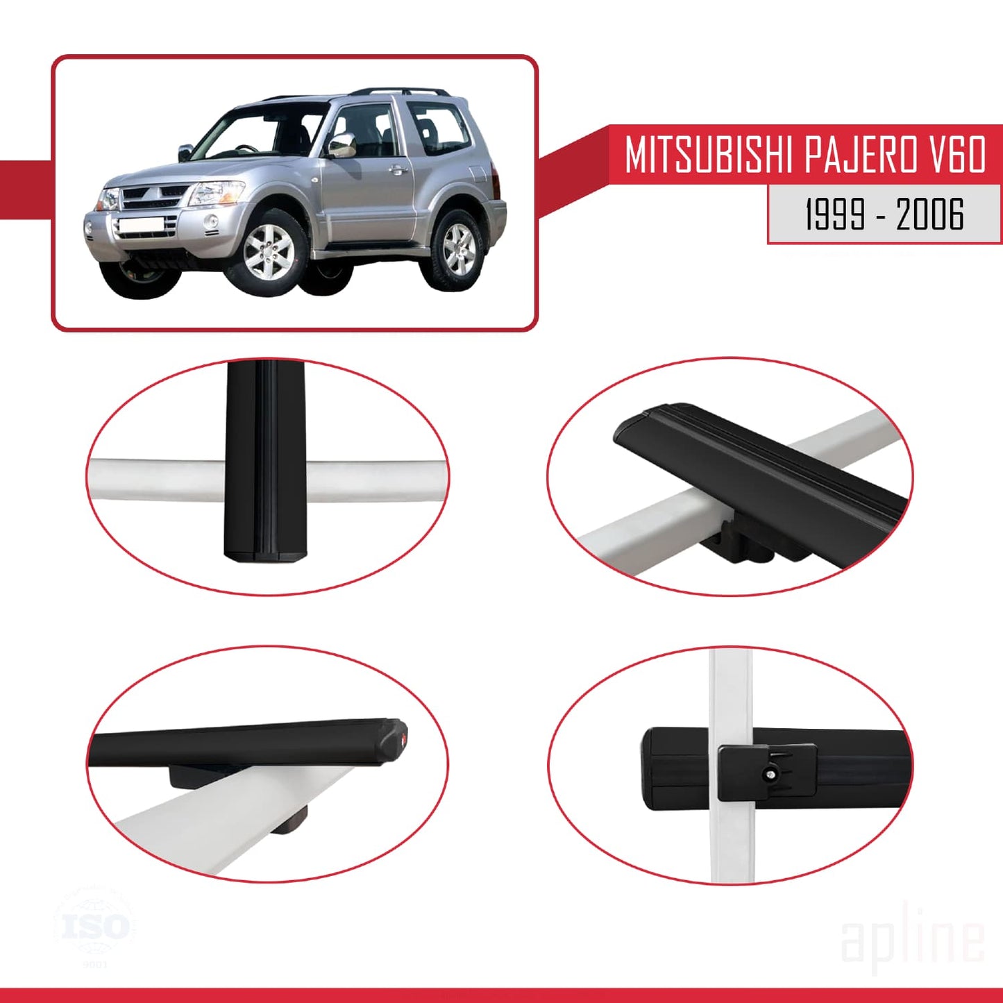 Compatible with Mitsubishi Pajero (V60) 3 Kapı 1999-2006 BASIC Model Car Roof Rack Cross Bar Black Aluminium 3 Bars