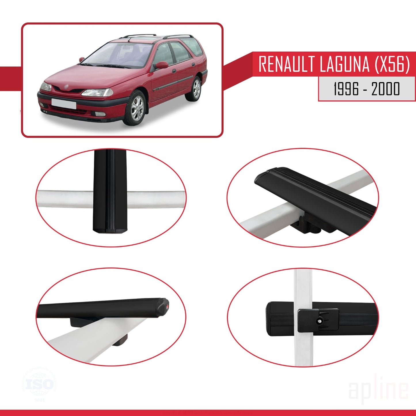 Compatible avec Renault Laguna (X56) 1996-200 BASIC Model Barres de Toit Railing Porte-Bagages de Voiture Noir Aluminium 3 Barres