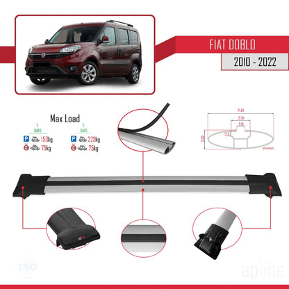 Compatible avec Fiat Doblo 2 2010-2022 FLY Model Barres de Toit Railing Porte-Bagages de Voiture Gris Aluminium 2 Barres